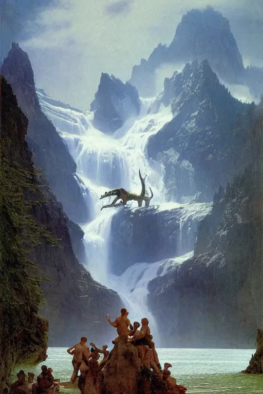 Image similar to a huge dinosaur demon emerges from lake in canadian rockies watched by three people, water splashes cascades, beautiful day, by albert bierstadt, ruan jia, lawrence alma tadema, zdzislaw beksinski, carl spitzweg, everett raymond kinstler, norman rockwell, jack kirby, tom lovell, greg staples