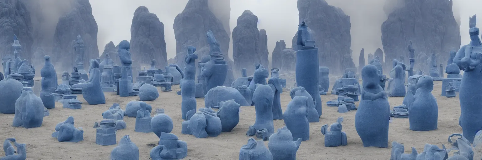 Image similar to towering blue ceramic statues in an en endless blue desert with an overcast sky, cinematic composition, coloured smoke in the distance