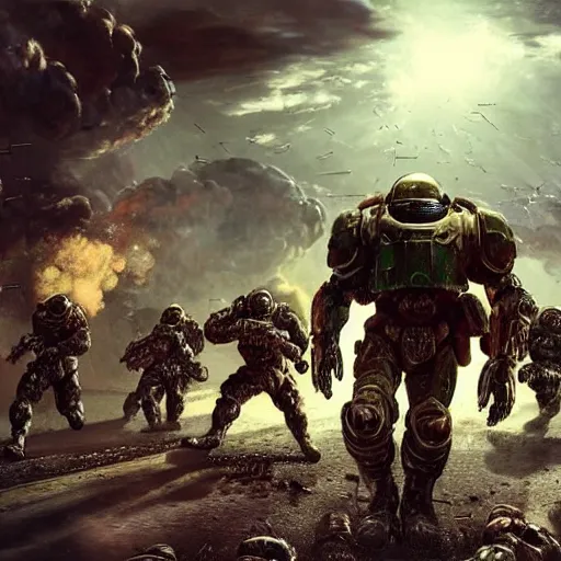 Image similar to hyper realism, surrealism, realistic apocalyptic war scene, explosions, science - fiction soldiers running with armour like doom slayer in the middle of explosions and bullets, view from far away,