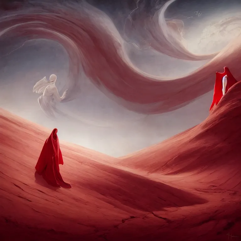 Image similar to one lone singular swirling otherworldly angelic figure shrouded in red robes emerges from extensive barren white dune scape, matte painting by peter mohrbacher and filip hodas, distant basilica sacre coeur by hugh ferriss, godrays, high contrast, highly detailed, a