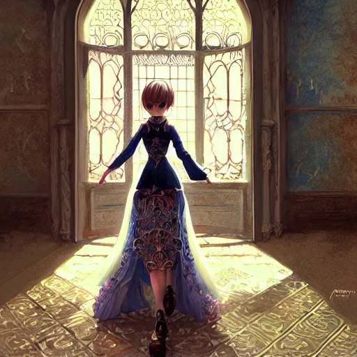 Image similar to beautiful young girl in intricate clothing by artgerm, walking in a castle painted by wlop, reflections, very high intricate details, painting, digital anime art, medium shot, mid - shot, ilya kuvshinov, krenz cushart, greg rutkowski, sana takeda