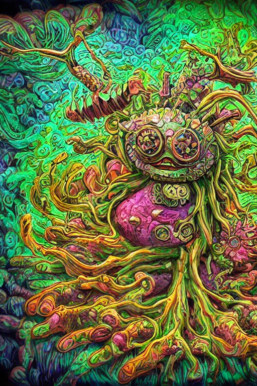 Image similar to creature sushi roots cactus elemental flush of force nature micro world fluo light deepdream a wild amazing steampunk baroque ancient alien creature, intricate detail, colorful digital painting radiating a glowing aura global illumination ray tracing