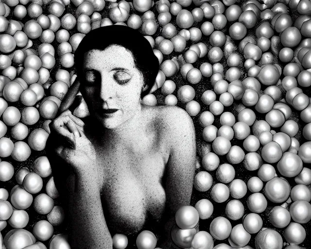 Prompt: a black and white photo of a woman's face surrounded by balls, an ambient occlusion render by Dora Maar, zbrush central, pointillism, ambrotype, marble sculpture, germaine krull,movie still, grotesque