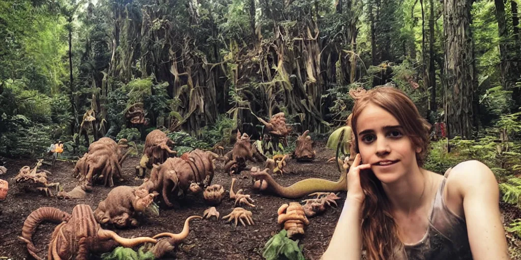 Image similar to photo, hairy fat cave people, emma!! watson!!, looking at camera, surrounded by dinosaurs!, gigantic forest trees, sitting on rocks, bright moon, birthday cake on the ground, front close - up view of her face, selfie, jelly monster