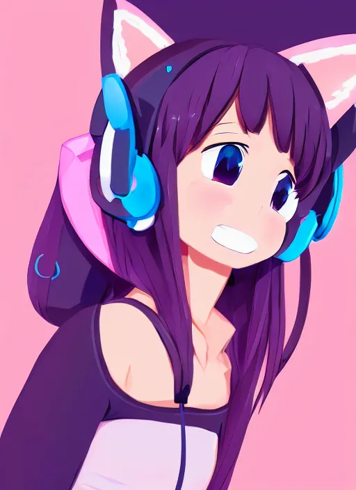 Prompt: portrait of a cute anime girl streamer wearing cat ear headphones smiling at the camera, symmetrical face, perfect face details, digital painting, trending on artstation, deviantart, artgem, perfect composition, ross draws, wlop