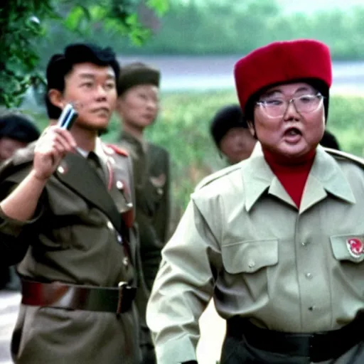 Image similar to a still of Kim Jong-il as John Rambo in Rambo First blood, red sweatband