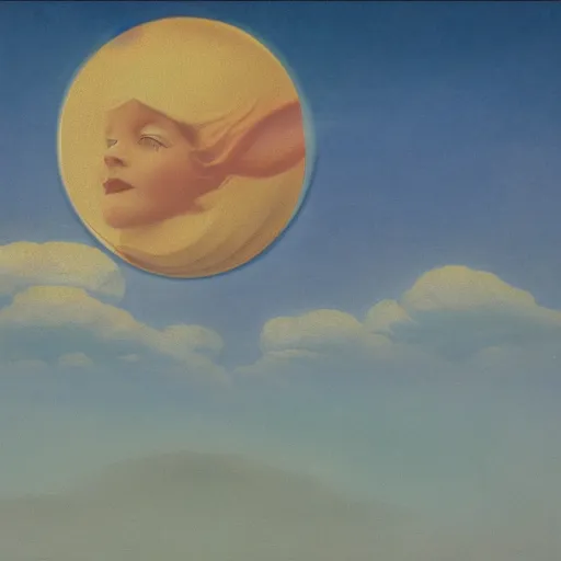 Prompt: matte painting of a smiling crescent moon face, at night surrounded by clouds, highly detailed, disney, style of maxfield parrish, in the style of lady and the tramp