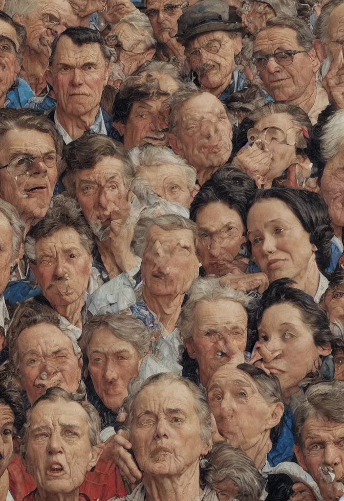 Image similar to small group of people, men and women, close - up of the faces, anatomically and proportionally correct : : oil painting by james jean, norman rockwell, milo manara and james gurney, intricate and detailed, photorealism, cgsociety