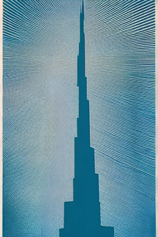 Image similar to a picture of burj khalifa with a sky background, a screenprint by milton glaser, featured on behance, art deco, cyanotype, poster art