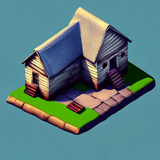 Image similar to isometric 3 d old broken home, low poly, soft render, handpaint texture, blender, 3 dcoat