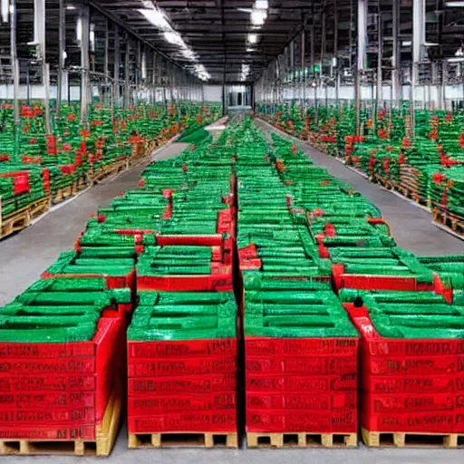 Prompt: a picture of a warehouse full of boxes with green patches over the top of each one and red patches over the sides of each one