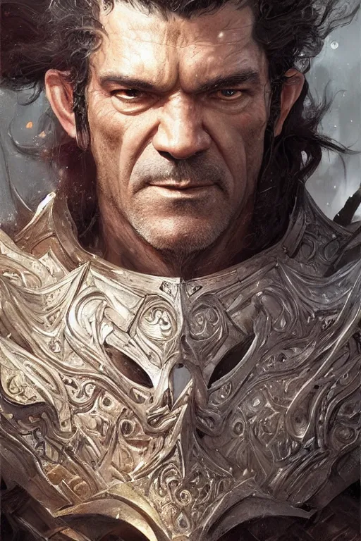 Image similar to portrait of antonio banderas as holy paladin, fantasy, dnd, intricate, highly detailed, smooth, artstation, digital illustration by Ruan Jia and Mandy Jurgens and Artgerm and Wayne Barlowe and Greg Rutkowski and Zdislav Beksinski