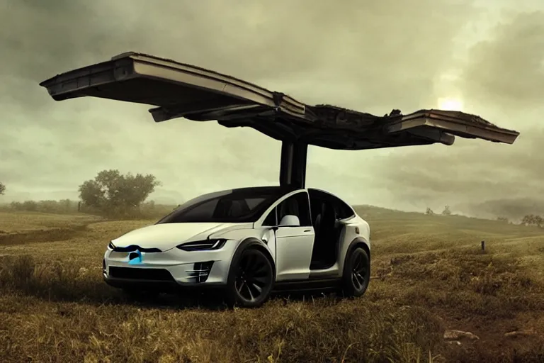 Image similar to Post-apocalyptic photo of a Tesla Model X on a rugged farm in futuristic Iowa, dramatic lighting, cinematic, establishing shot, extremely high detail, photorealistic, cinematic lighting, post-processed, concept art, artstation, matte painting, style by eddie mendoza, raphael lacoste, alex ross