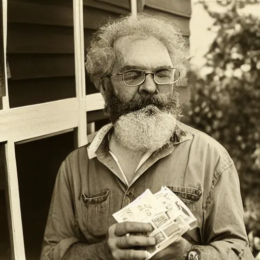 Image similar to a grumpy, top-heavy 60 year old man with short curly brown hair and a big beard sitting on his back porch next to a table covered in empty cigarette cartons and lottery tickets, 8mm lens photography,