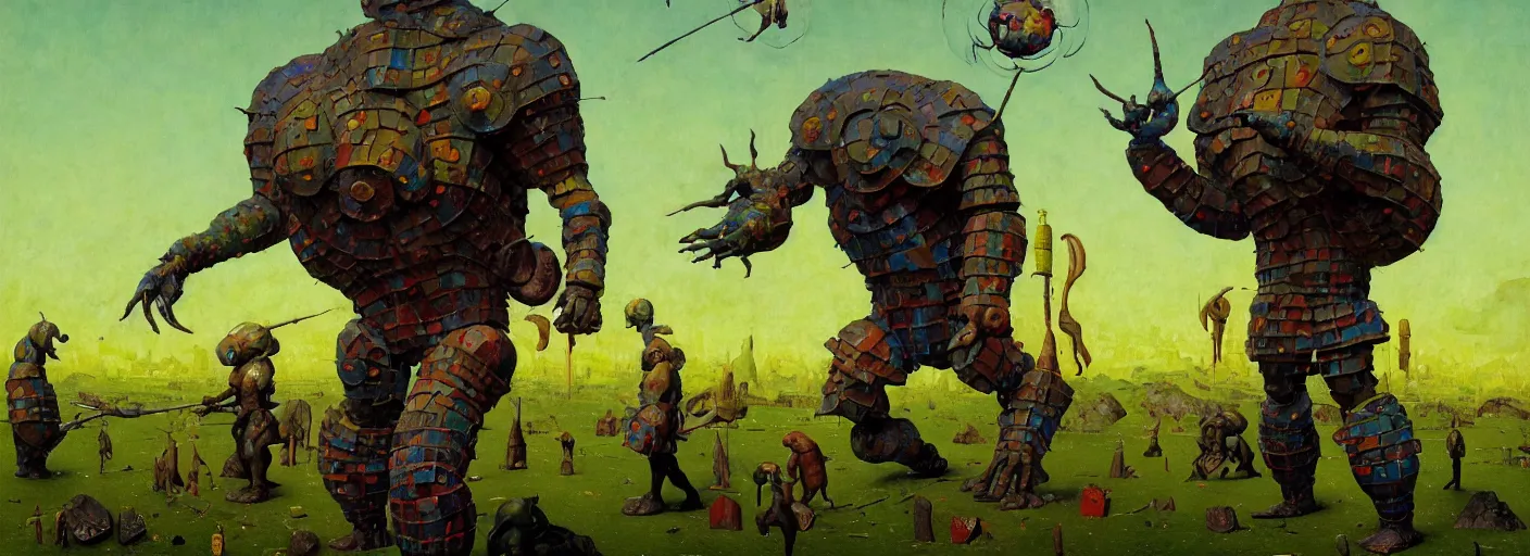 Image similar to full - body surreal colorful stylish armored golem rpg character concept art anatomy, action pose, very coherent and colorful high contrast masterpiece by norman rockwell franz sedlacek hieronymus bosch dean ellis simon stalenhag rene magritte gediminas pranckevicius, dark shadows, sunny day, hard lighting, reference sheet white! background