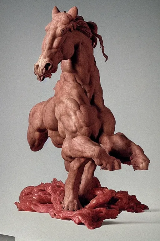 Prompt: a high detailed sculpture of a horse, rearing dramatically made out of raw hamburger, by michelangelo