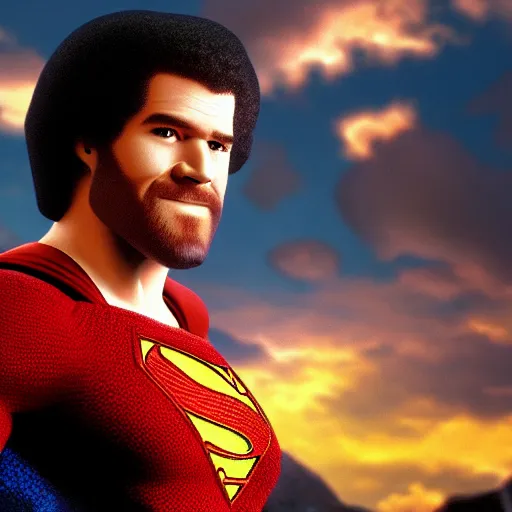 Image similar to bob ross as superman, cinematic lighting. 4 k.