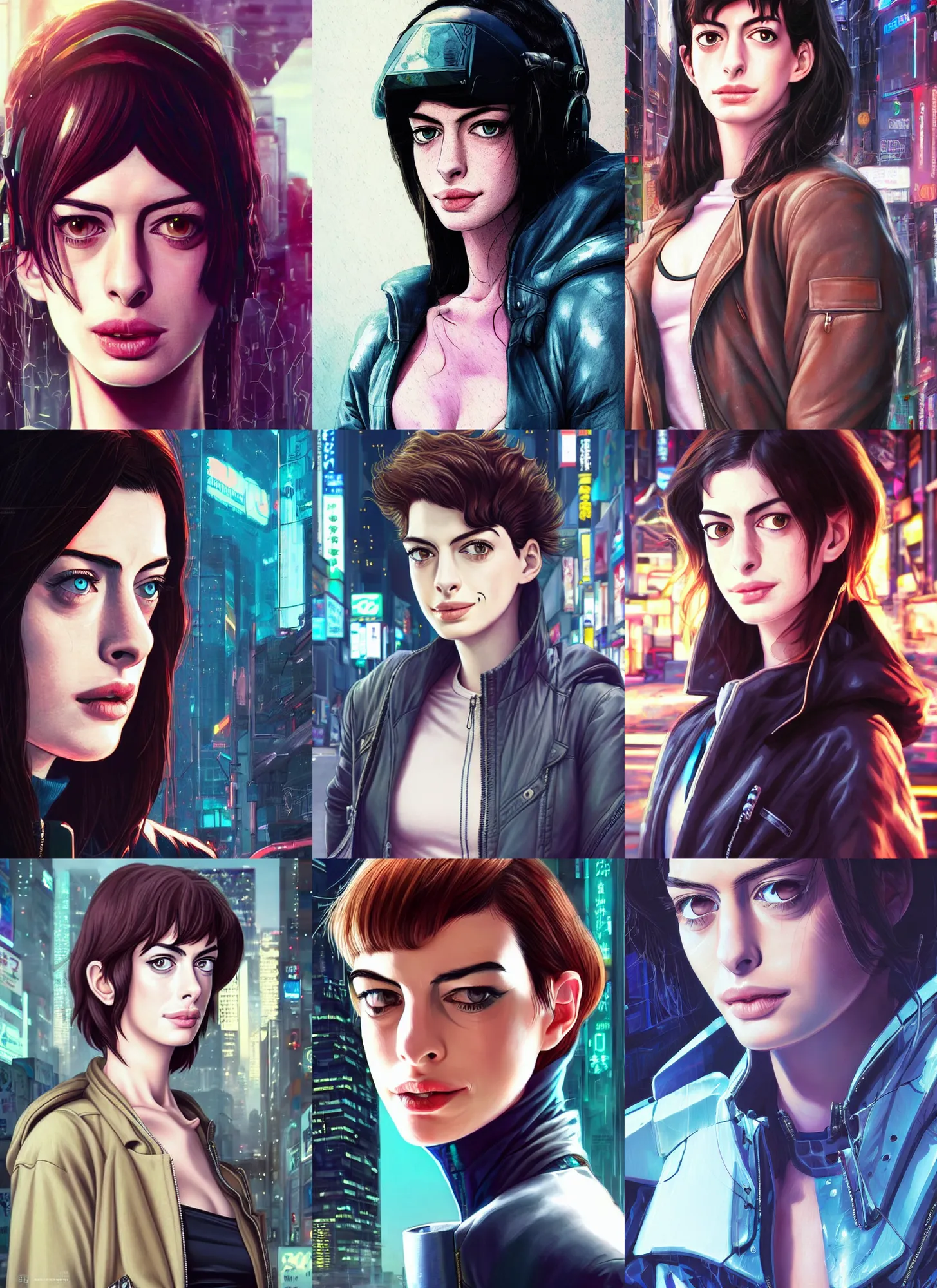 Prompt: very close up photo of a young anne hathaway in cyberpunk clothes, detailed face, in a tokyo street, trending on artstation, by dan mumford, yusuke murata, makoto shinkai, ross tran, cel shaded