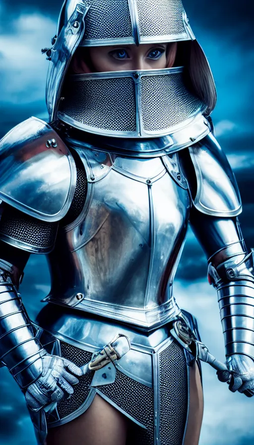 Image similar to female knight, no helmet, blue eyes, armor created by louis vuitton, lv logos all over the metal, symmetrical, cinematic, elegant, professional studio light, real dlsr photography, sharp focus, 4 k, ultra hd, sense of awe