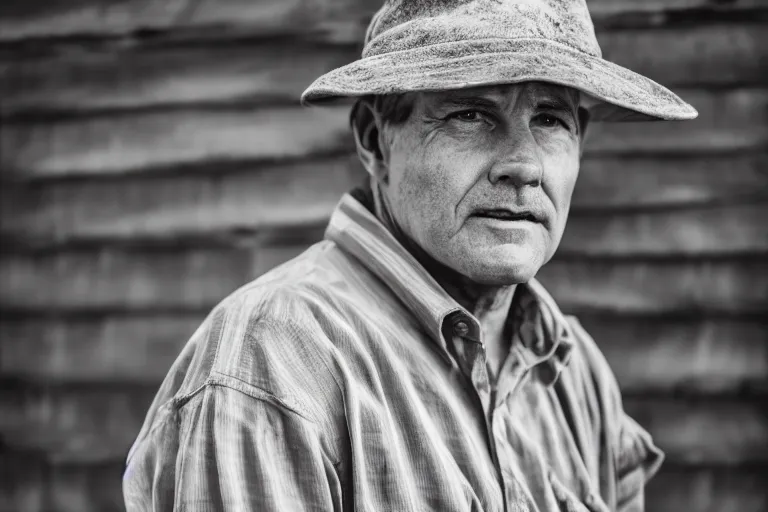 Image similar to a headshot portrait of a farmer, stood outside a wooden cabin, ultra realistic, dramatic lighting