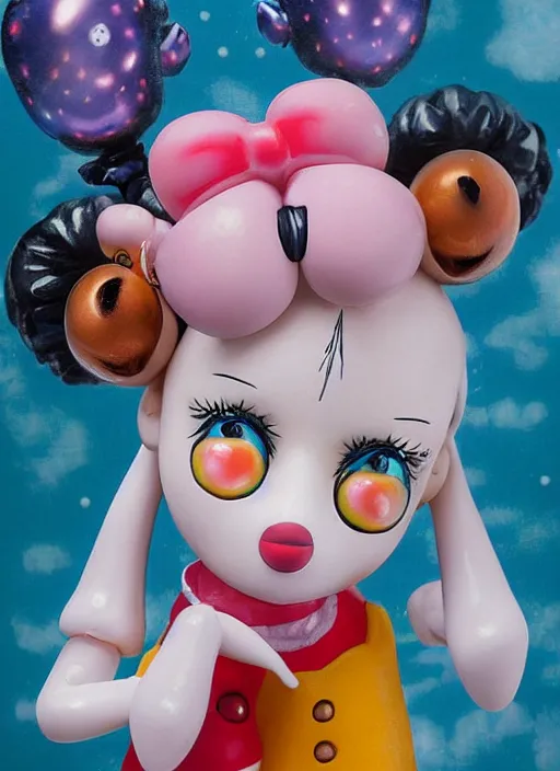 Image similar to a hyperrealistic lowbrow oil panting of a sad clown kawaii vocaloid figurine caricature with pretty sparkling anime eyes ugly crying with big tears running down her face featured on wallace and gromit by arthur szyk