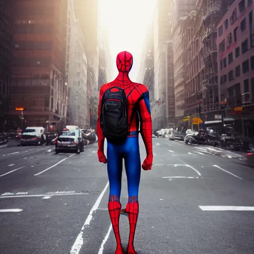 Image similar to photo of spiderman with a backpack on his way to school on the streets of new york, lonely atmosphere, cinematic