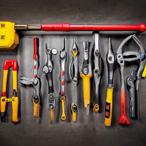 Image similar to photo of a tool table with a hammer, wrench, pliers, screwdriver, screws, mallet, saw and crowbar, highly detailed, high quality, HD, 4k, 8k, Canon 300mm, professional photographer, 40mp, lifelike, top-rated, award winning, realistic, sharp, no blur, edited, corrected, trending