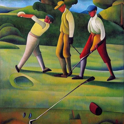 Image similar to Three golfers on a beautiful golf course, by Diego Rivera