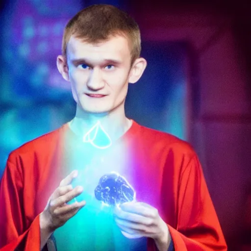 Prompt: < movie - still colorful magic > vitalik buterin as an arcane wizard casting a spell < / movie - still >