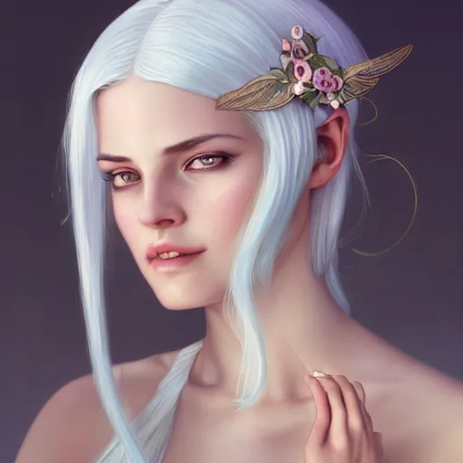 Image similar to ultra realistic illustration, dream girl with white hair, with light green eyes, with cat ears, in a sundress, intricate, elegant, highly detailed, digital painting, artstation, concept art, smooth, sharp focus, illustration, art by artgerm and greg rutkowski and alphonse mucha