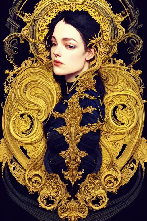 Image similar to beautiful black blue yellow, complicated gold the baroque style decoration, dark fantasy, intricate, elegant, highly detailed, digital painting, artstation, concept art, matte, 3 d 8 k octane rendered, sharp focus, illustration, octane rendered, art by artgerm and alphonse mucha, leesha hannigan