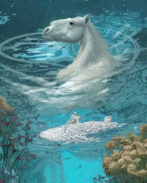 Image similar to a horse swimming in the water by abandoned ancient greek architecture submerged in water, digital art, illustrated by james gurney and victo ngai