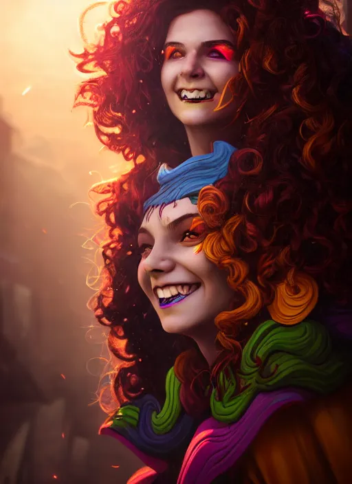 Image similar to an epic fantasy comic book style portrait painting of a girl wearing colorful makeup with a smile and curly brown hair stepping out of a doorway with light shining behind her, unreal 5, daz, hyperrealistic, octane render, cosplay, rpg portrait, dynamic lighting