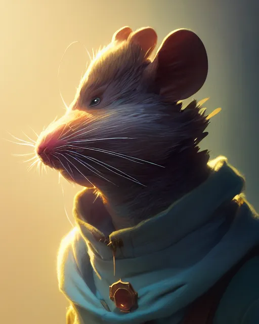 Image similar to highly detailed vfx portrait of an anthropomorphic rat, unreal engine, greg rutkowski, loish, rhads, beeple, makoto shinkai and lois van baarle, ilya kuvshinov, rossdraws, tom bagshaw, alphonse mucha, global illumination, detailed and intricate environment