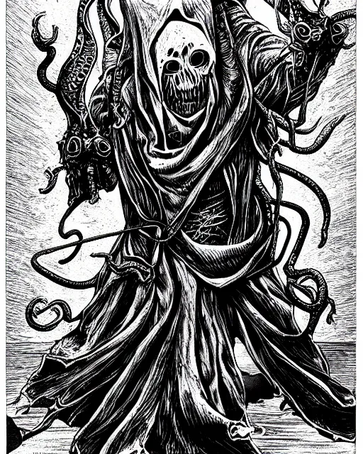 Image similar to cthulhu cultist in straitjacket!! black ink on paper, trending on artstation, beautiful, intricate, detailed