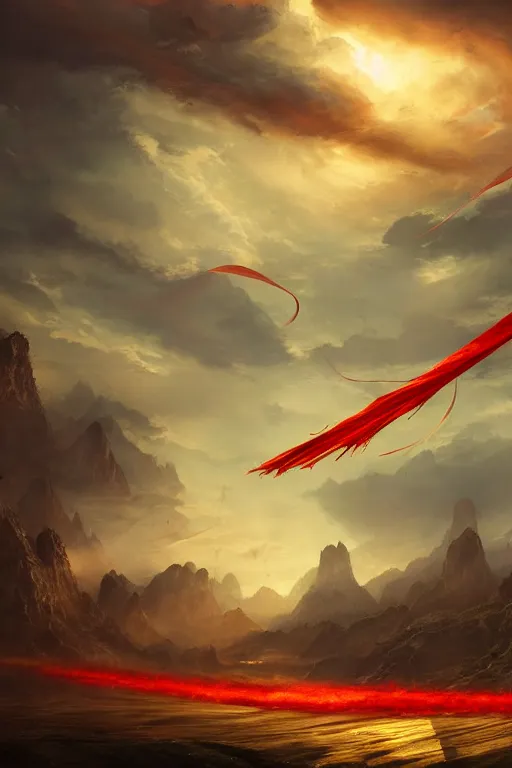 Prompt: breathtaking digital painting of swords flying in golden clouds, numerous blades in dynamic movement, strokes of mist and scarlet ribbons, german romanticism style, volumetric lighting, concept art, matte, sharp focus, art by celestialfang, matchach, juanmao, dustin panzino, trending on artstation