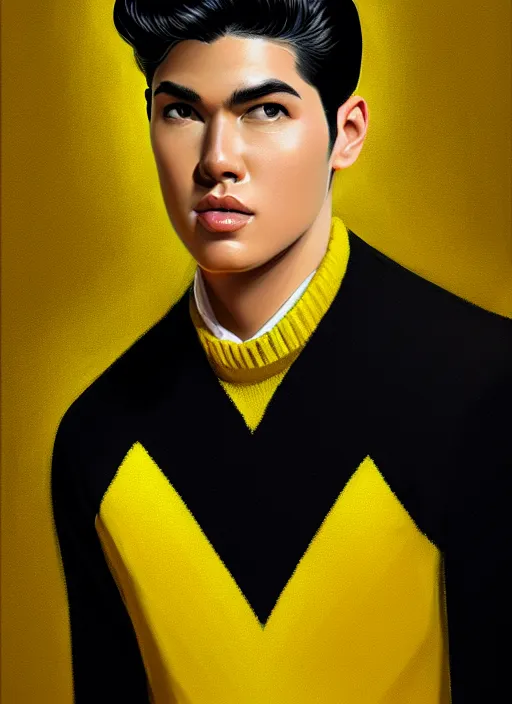 Image similar to portrait of young reggie mantle, mean smirk, egotistical, slicked back hair, striped yellow and black sweater, 1 9 5 0 s, intricate, elegant, glowing lights, highly detailed, digital painting, artstation, concept art, smooth, sharp focus, illustration, art by wlop, mars ravelo and greg rutkowski