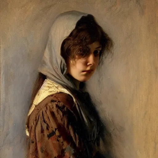 Image similar to portrait of a young girl covered in scars wearing a black hood, the young girl looks angry and seems to look for revenge, extremely detailed painting by gaston bussiere and j. c. leyendecker 8 k