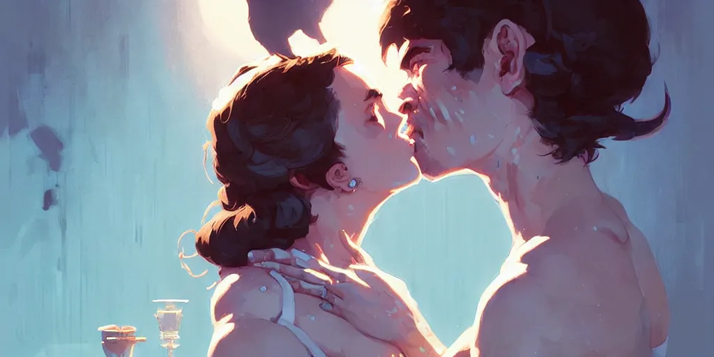 Image similar to portrait of dorian kissing elena by atey ghailan, by greg rutkowski, by greg tocchini, by james gilleard, by joe fenton, by kaethe butcher, dynamic lighting, gradient light blue, brown, blonde cream and white color scheme, grunge aesthetic