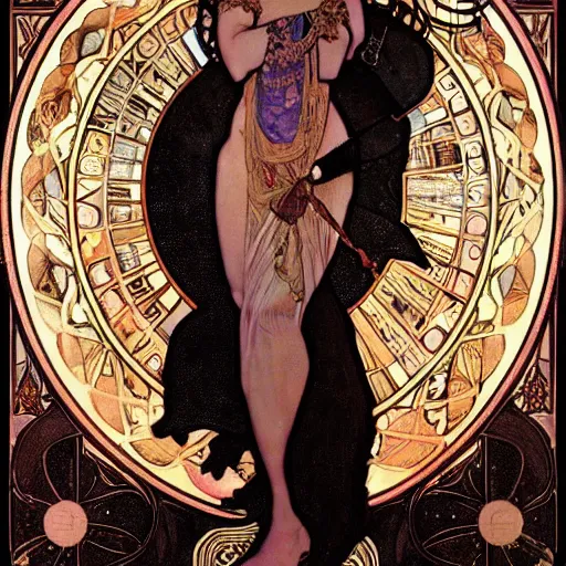 Prompt: a beautiful!!! feminine alchemical illustration of The Baphometress by Alphonse Mucha, highly detailed masterpiece, stunning!, black background, zoomed out to show entire image, trending on ArtStation