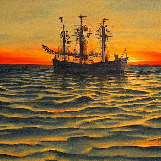 Prompt: medieval ship on the sea, sunset, painting style claude gellee