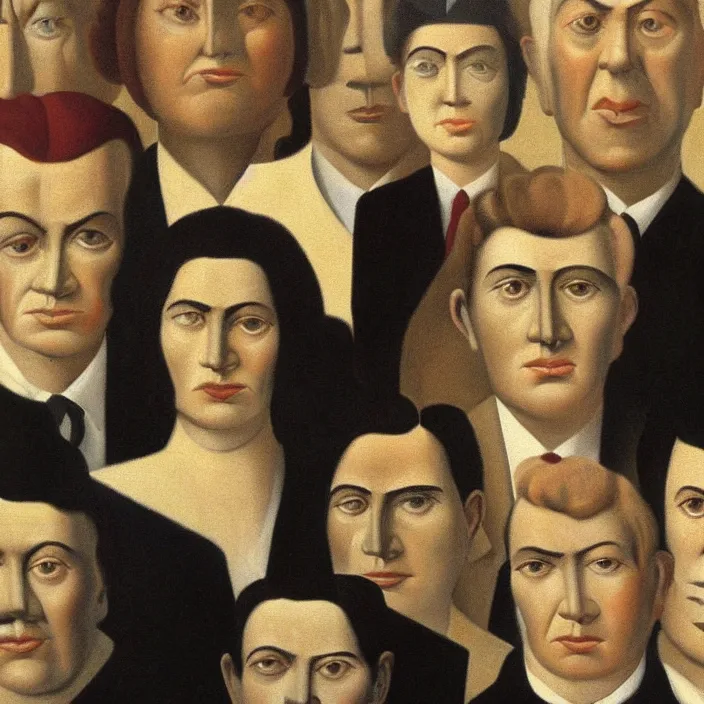 Image similar to group of people pictured in afternoon light, close - up of the faces, anatomically and proportionally correct, surrealist oil painting by dora maar and rene magritte, detailed