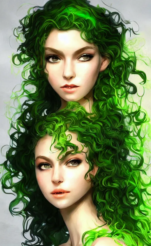 Image similar to a young woman with wild, curly hair and bright green eyes. she's wearing a flowing dress made of light, airy fabric and she has a mischievous look on her face, dynamic lighting, photorealistic fantasy concept art, trending on art station, stunning visuals, creative, cinematic, ultra detailed