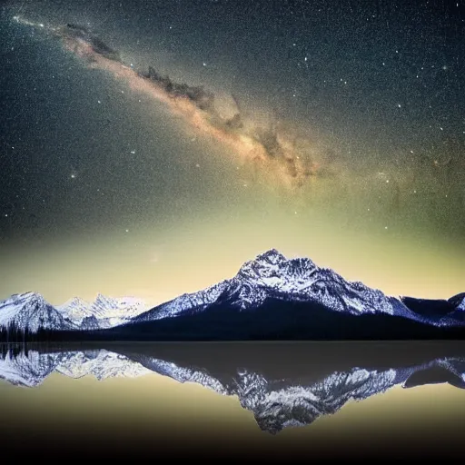 Prompt: a beautiful double exposure of a deep field astrophotography image by hubble in the sky, and a night time landscape with towering mountains from alaska, forests and a still lake with reflections, small wooden cabin in foreground, snow, lpoty, award winning, apod, low noise, detailed, sharp, elevated point of view