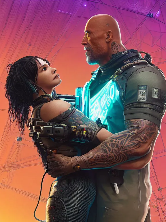 Prompt: a cyberpunk 2077 portrait of Dwayne Johnson hug a female android , complex mess of cables and wires behind them connected to giant computer, love,film lighting, by laurie greasley,Lawrence Alma-Tadema,William Morris,Dan Mumford, trending on atrstation, full of color, mythological, high detailed,golden ratio,cinematic lighting