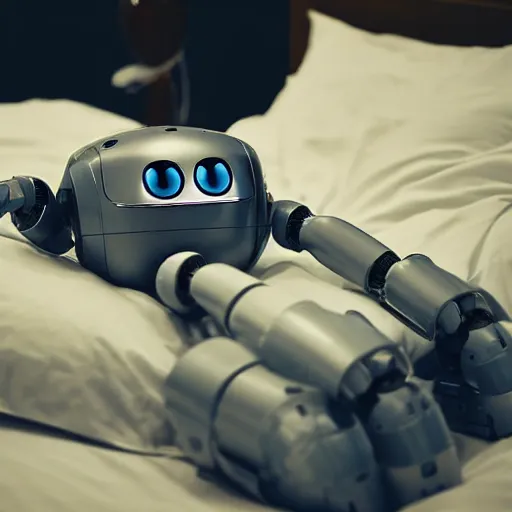 Prompt: Photograph. Robot laying down in bed. Sleeping. Night time.