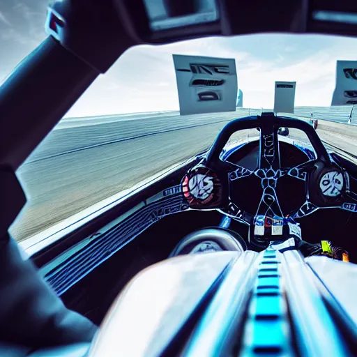 Image similar to POV shot of driving a scifi futuristic race car