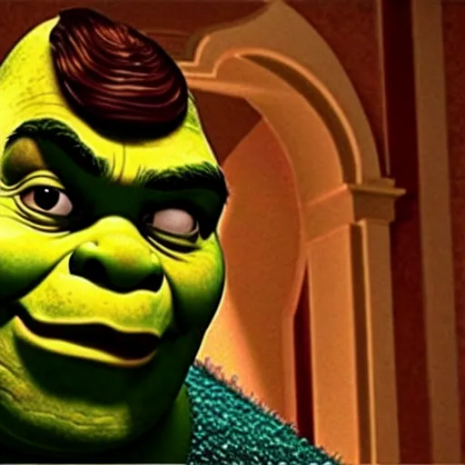 Image similar to movie still, shrek as michael in the godfather, realistic photo, 1 9 8 0, old movie