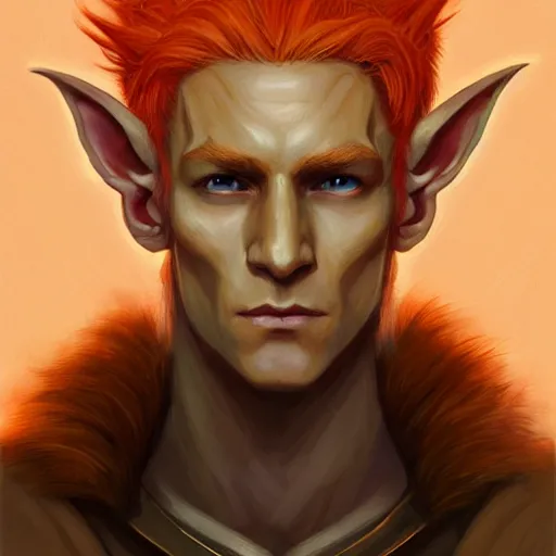 Image similar to portrait painting of an elven eladrin young man with light orange hair and tribal tattoos in his cheekbones wearing fur armor, d & d, rpg, sharp focus, award - winning, trending on artstation, masterpiece, highly detailed, intricate. art by josan gonzales and moebius and deathburger