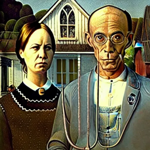 Image similar to A couple of astronauts in the setting of the painting American Gothic
